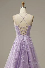 A-Line Purple Spaghetti Straps Long Prom Dresses With Appliques