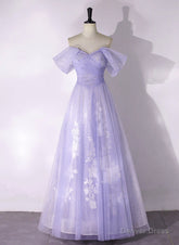 A-line Purple Tulle with Lace Off Shoulder Formal Dress, Purple Tulle Prom Dress