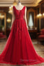 A Line Red Lace V Neck Backless Long Prom Dresses