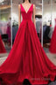 A Line Red Prom Dress V Neck Satin Long Prom Dresses