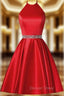 A Line Red Satin Halter Beaidng Crystal Homecoming Dresses With Pocket