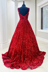 A-Line Red Sequin Quince Dresses Square Neck Backless Long Prom Dresses