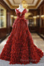 A Line Red Sequins Feather V Neck Deep Backless Wedding Dresses