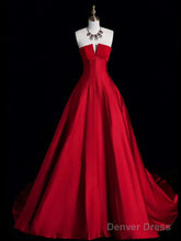 A-Line Red Strapless Satin Long Formal Dress, Red Lace-Up Party Dress Evening Dress