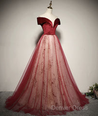 A-Line Red Tulle And Velvet Off Shoulder Long Prom Dresses, Red Evening Dresses