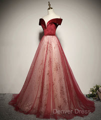 A-Line Red Tulle And Velvet Off Shoulder Long Prom Dresses, Red Evening Dresses
