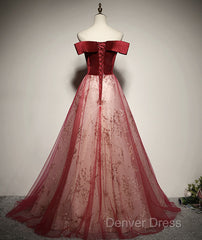A-Line Red Tulle And Velvet Off Shoulder Long Prom Dresses, Red Evening Dresses