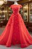 A Line Red Tulle Appliques Cap Sleeve Prom Dresses With Removable Train