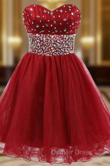 A-Line Red Tulle Sweetheart Homecoming Dresses With Crystal