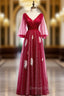 A-Line Red Tulle V-neck Long Sleeve Backless Prom Dresses