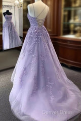 A-Line Round Nack Tulle Lace Prom Dresses Formal Dresses,
