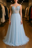 A Line Round Neck Baby Blue Lace Long Prom Dress with Butterfly, Baby Blue Lace Prom Graduation Prom Dresses