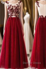 A Line Round Neck Burgundy Lace Tulle Long Prom Dresses, Burgundy Lace Evening Dresses, Burgundy Lace Graduation Dresses