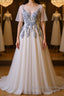 A Line Round Neck Half Sleeves Gray Lace Prom Dress, Gray Floral Long Prom Dresses