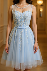 A Line Round Neck Lace Blue Short Prom Dresses, Short Blue Lace Formal Graduation Homecoming Dresses