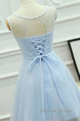 A Line Round Neck Lace Blue Short Prom Dresses, Short Blue Lace Formal Graduation Homecoming Dresses