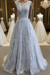 A Line Round Neck Lace Grey Prom Dresses, Lace Grey Formal Dresses