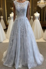 A Line Round Neck Lace Grey Prom Dresses, Lace Grey Formal Dresses
