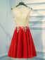 A Line Round Neck Red Short Lace Prom Dress, Short Red Lace Prom Homecoming Dresses