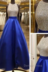 A Line Round Neck Sequins Backless Royal Blue Prom Dresses, Royal Blue Formal Dresses, Backless Royal Blue Evening Dresses