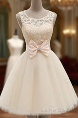 A Line Round Neck Short Ivory Lace Prom Dresses, Short Champagne Lace Bridesmaid Dresses, Lace Homecoming Dresses, Lace Graduation Dresses