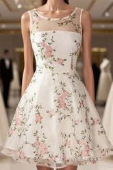 A Line Round Neck Short Lace Floral Prom Dresses, Short Lace Floral Formal Homecoming Dresses