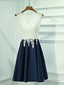 A Line Round Neck Short Lace Prom Dress, Navy Blue Short Lace Prom Homecoming Dresses
