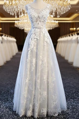 A Line Round Neck Sleeveless Lace Grey/Pink/Champagne Prom Dresses, Lace Formal Dresses, Evening Dresses