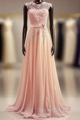 A-Line Round Neck Sweep Train Lace Coral Prom Dresses, Formal Dresses, Lace Bridesmaid Dresses