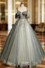 A Line Round Neck Tulle Gray Blue Long Prom Dress, Tulle Sequin Lace Long Prom Dresses