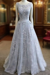 A-Line Round Neck Tulle Lace Long Gray Prom Dresses, Bridesmaid Dresses
