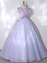 A-Line Round Neck Tulle Lace Purple Long Prom Dress, Purple Formal Dress