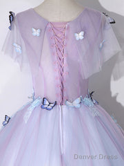 A-Line Round Neck Tulle Lace Purple Long Prom Dress, Purple Formal Dress