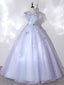 A Line Round Neck Tulle Lace Purple Long Prom Dress, Purple Prom Dresses