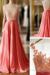 A Line Round Neck V Neck Back Long Coral Lace Prom Dresses, Long Lace Formal Dresses, Evening Dresses, Bridesmaid Dresses