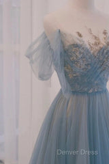 A-Line Round Neckline Blue Tulle With Lace Long Party Dresses, Tulle Evening Dresses Prom Dresses