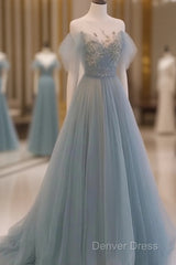 A-Line Round Neckline Blue Tulle With Lace Long Party Dresses, Tulle Evening Dresses Prom Dresses