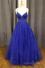 A-Line Royal Blue Formal Gown Long V-Neck Lace Prom Dresses Applique