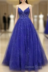 A-Line Royal Blue Formal Gown Long V-Neck Lace Prom Dresses Applique