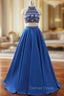 A-Line Royal Blue Satin Two Piece Halter Backless Prom Dresses With Crystal