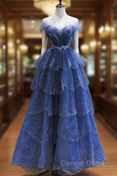A Line Royal Blue Tulle Beaded Long Senior Prom Dresses