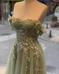 A-Line Sage Tulle Lace Appliques Dress