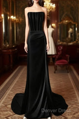A-Line Satin Black Long Prom Dresses, Black Long Formal Dresses