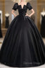 A-Line Satin Black Long Prom Dresses Quinceanera Dresses Short Sleeves Evening Dresses