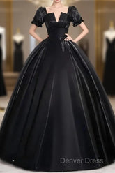 A-Line Satin Black Long Prom Dresses Quinceanera Dresses Short Sleeves Evening Dresses