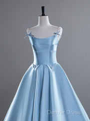 A-Line Satin Blue Long Prom Dresses, Blue Long Evening Dresses