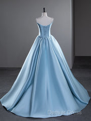 A-Line Satin Blue Long Prom Dresses, Blue Long Evening Dresses