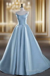 A-Line Satin Blue Long Prom Dresses, Blue Long Evening Dresses
