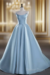 A-Line Satin Blue Long Prom Dresses, Blue Long Evening Dresses