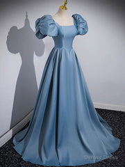 A-Line Satin Blue Long Prom Dress, Blue Satin Long Evening Dress
